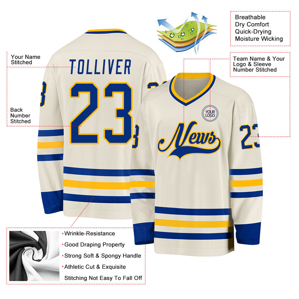 Custom Cream Royal-Gold Hockey Jersey view 3