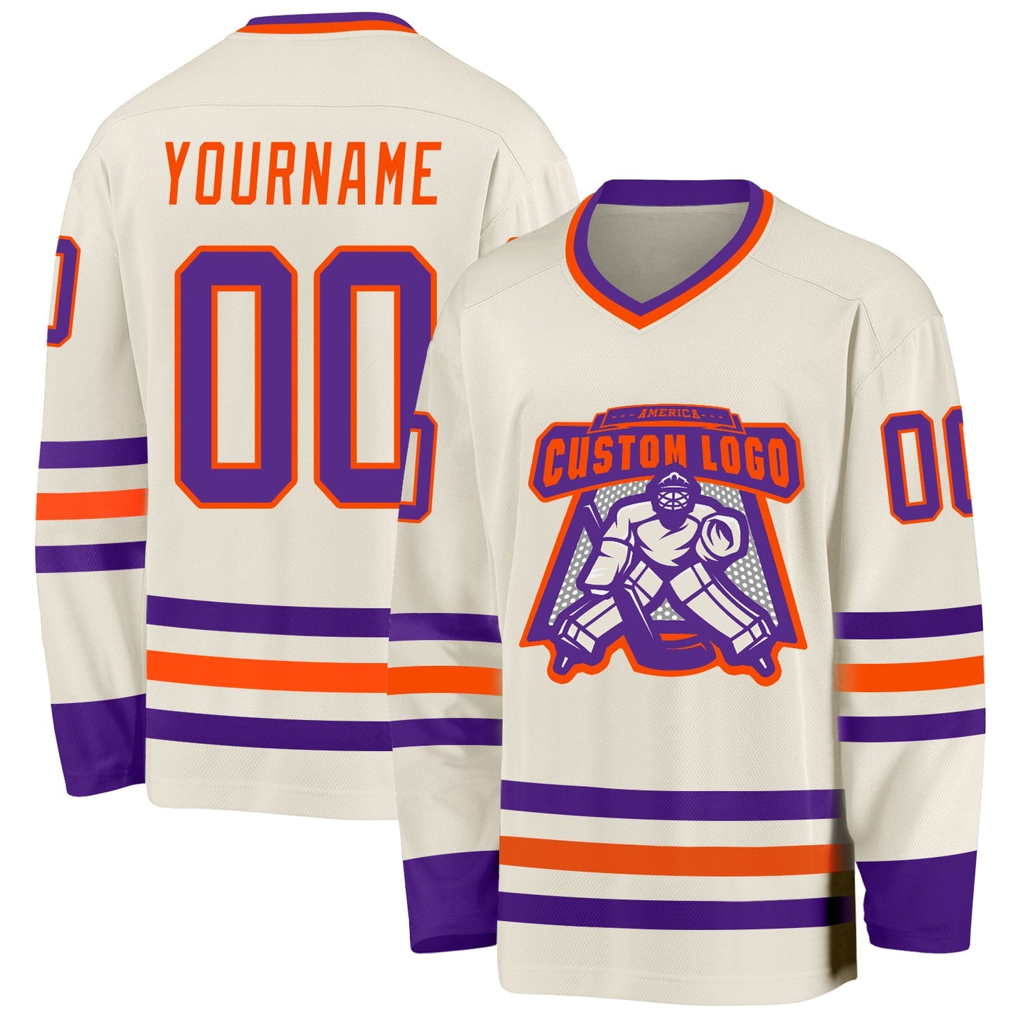 Custom Cream Purple-Orange Hockey Jersey view 2