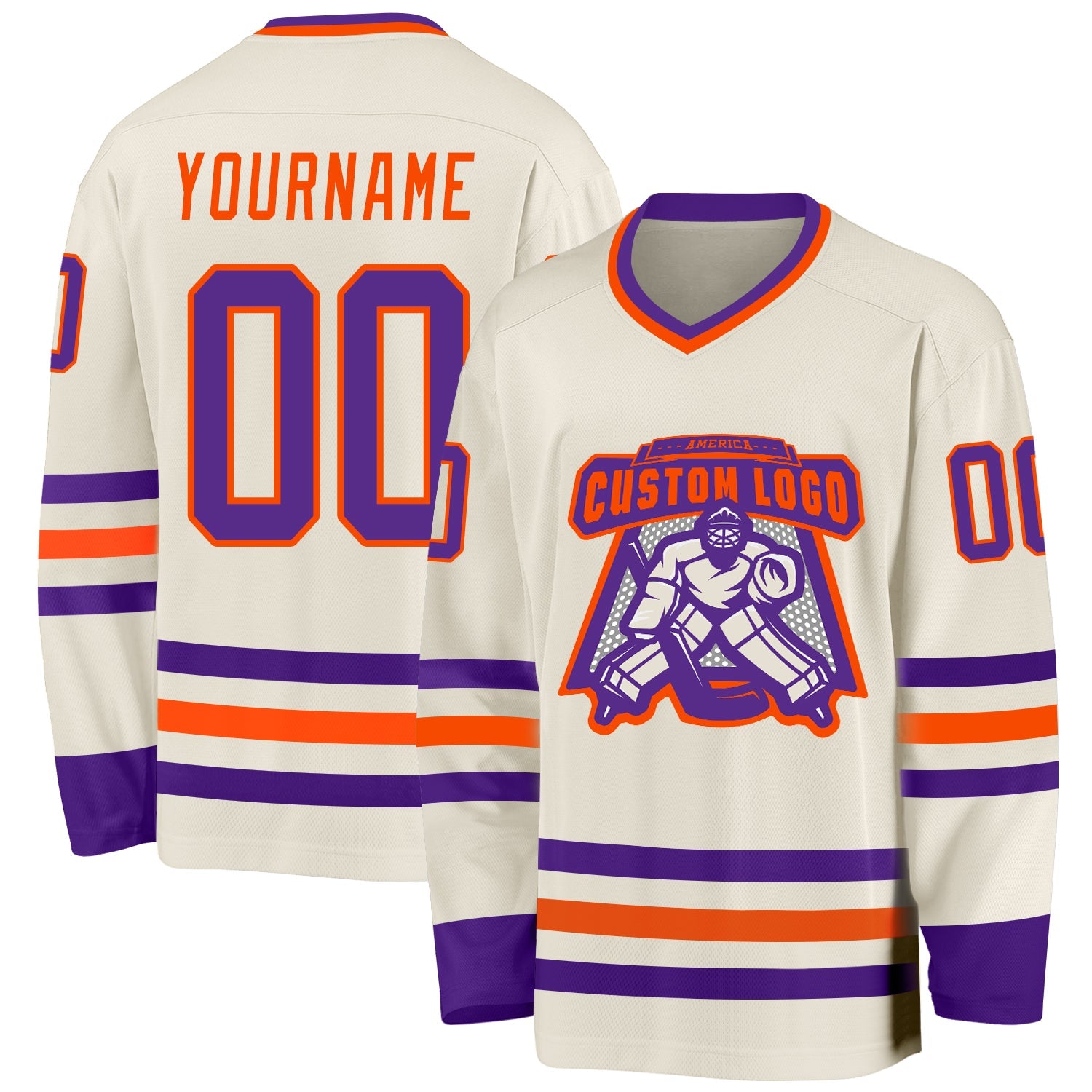 Custom Cream Purple-Orange Hockey Jersey view 2