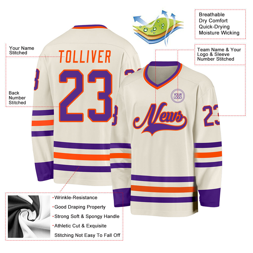 Custom Cream Purple-Orange Hockey Jersey view 3