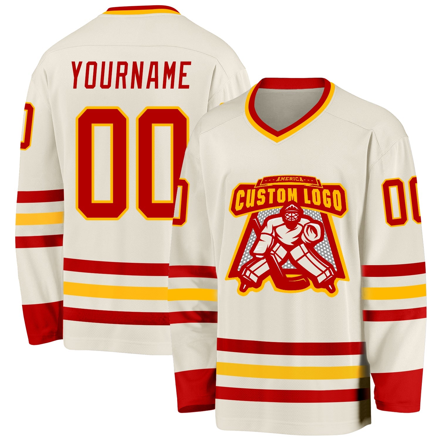 Custom Cream Red-Gold Hockey Jersey view 2