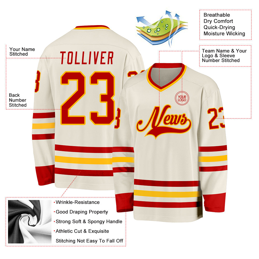 Custom Cream Red-Gold Hockey Jersey view 3