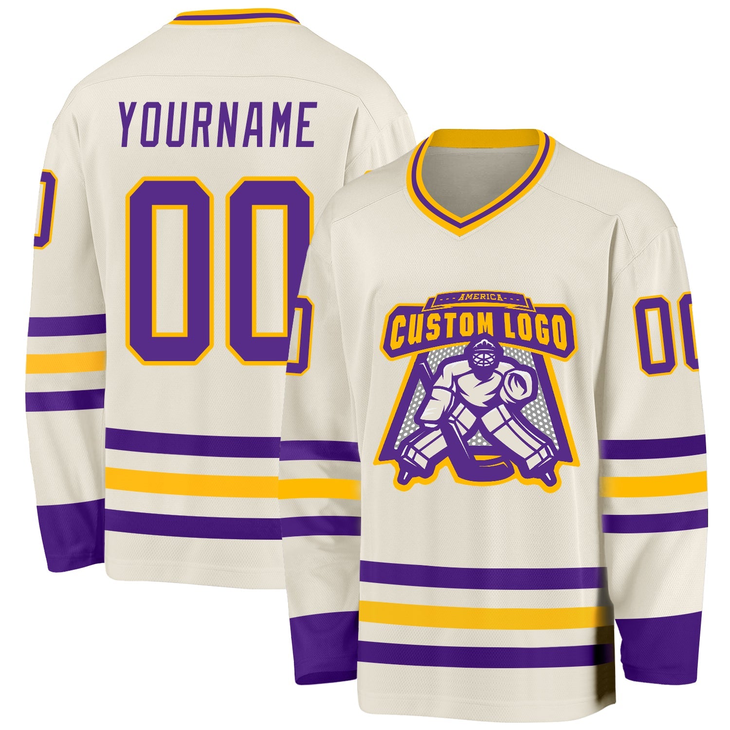 Custom Cream Purple-Gold Hockey Jersey view 2