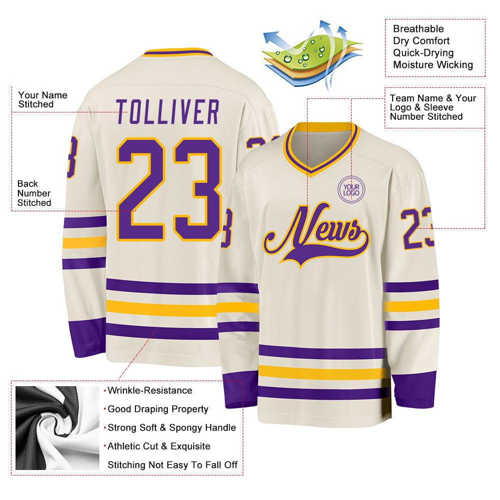 Custom Cream Purple-Gold Hockey Jersey view 3