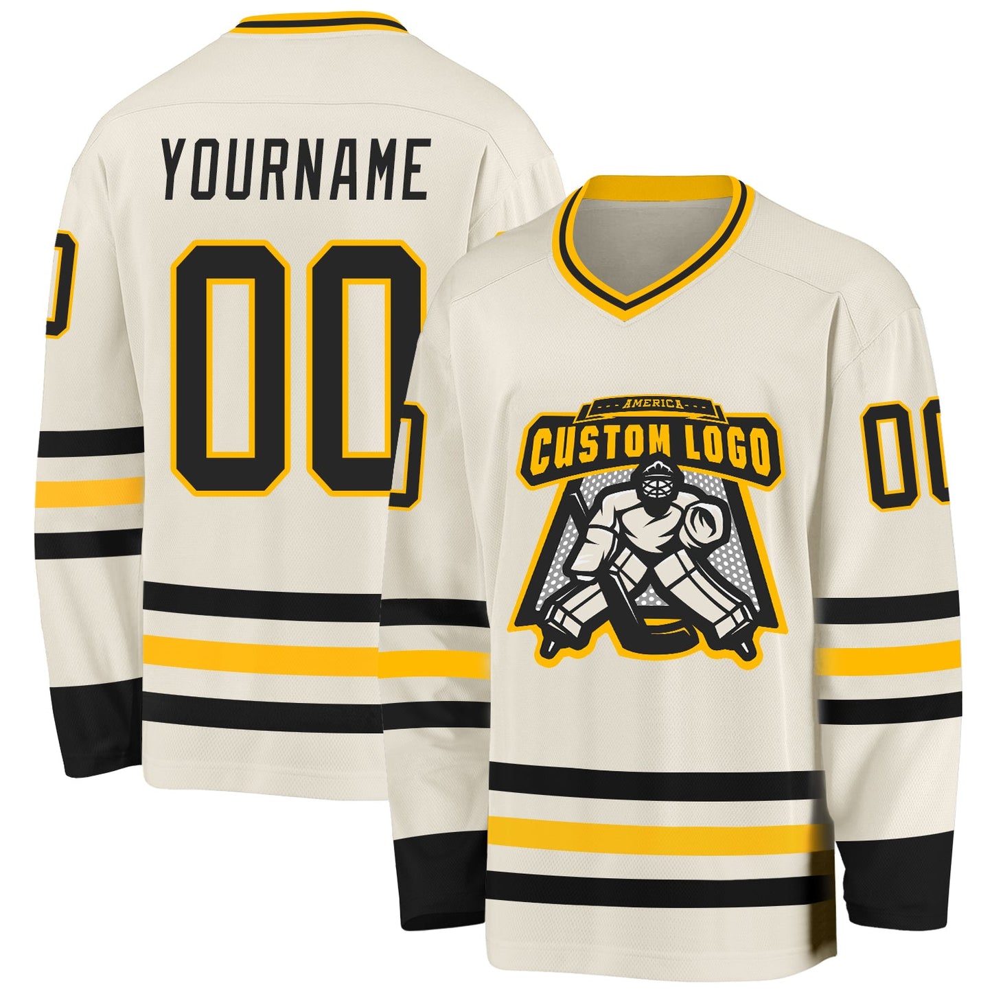 Custom Cream Black-Gold Hockey Jersey view 2