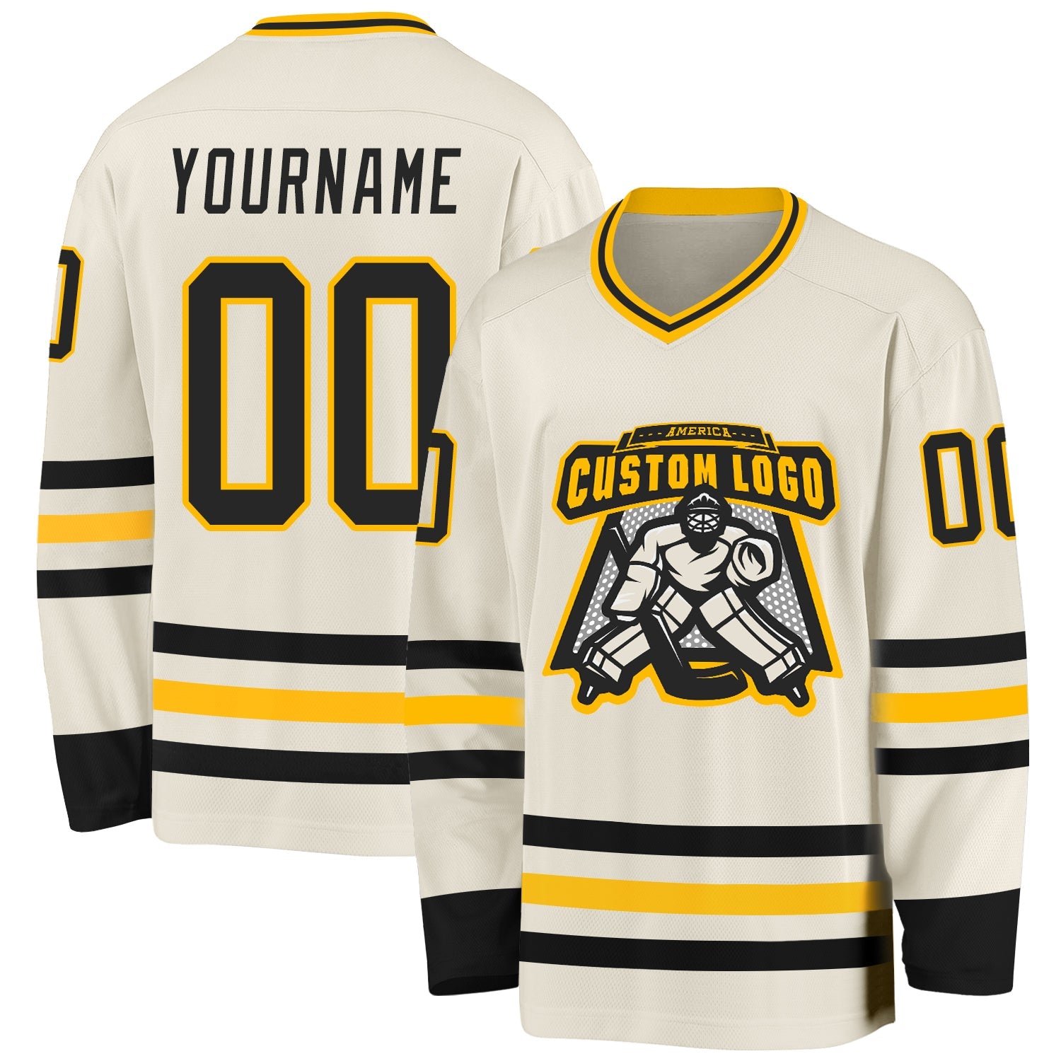 Custom Cream Black-Gold Hockey Jersey view 2