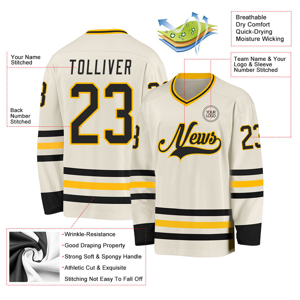 Custom Cream Black-Gold Hockey Jersey view 3