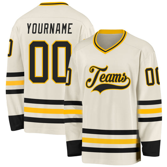 Custom Cream Black-Gold Hockey Jersey - Main View