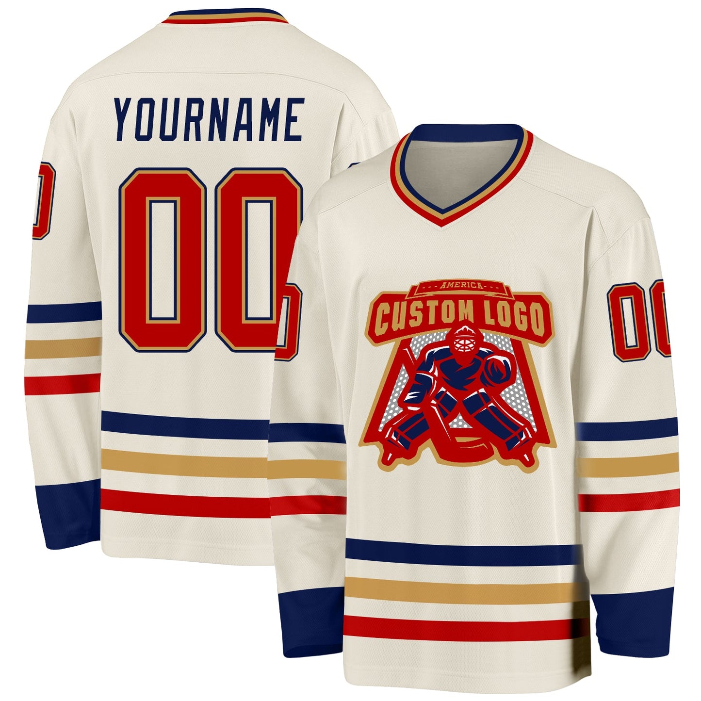 Custom Cream Red Old Gold-Navy Hockey Jersey view 2