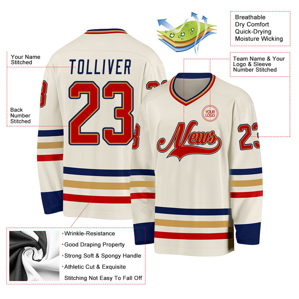 Custom Cream Red Old Gold-Navy Hockey Jersey view 3