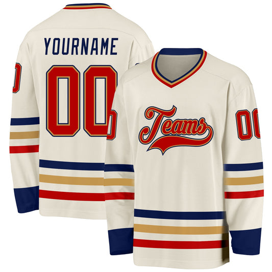 Custom Cream Red Old Gold-Navy Hockey Jersey - Main View