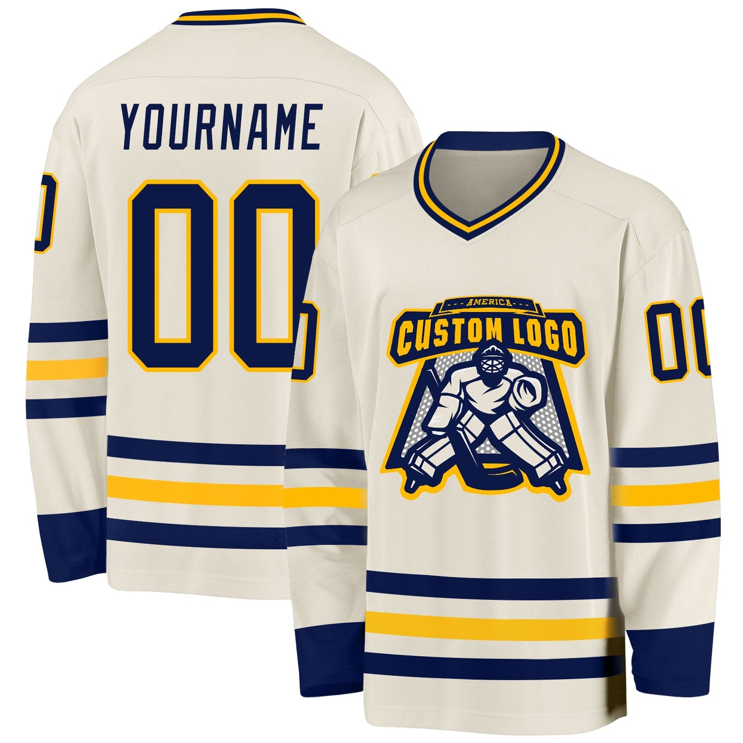 Custom Cream Navy-Gold Hockey Jersey view 2