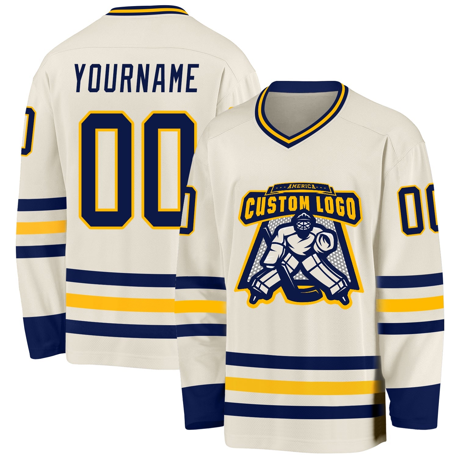Custom Cream Navy-Gold Hockey Jersey view 2