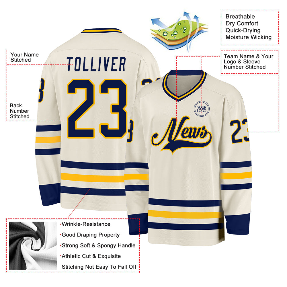 Custom Cream Navy-Gold Hockey Jersey view 3