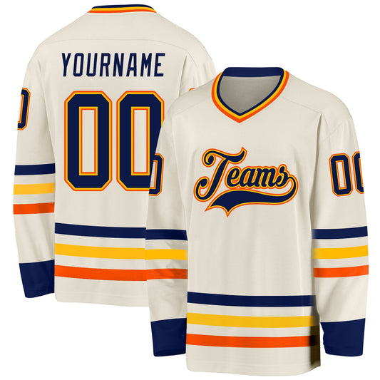 Custom Cream Navy Gold-Orange Hockey Jersey - Main View