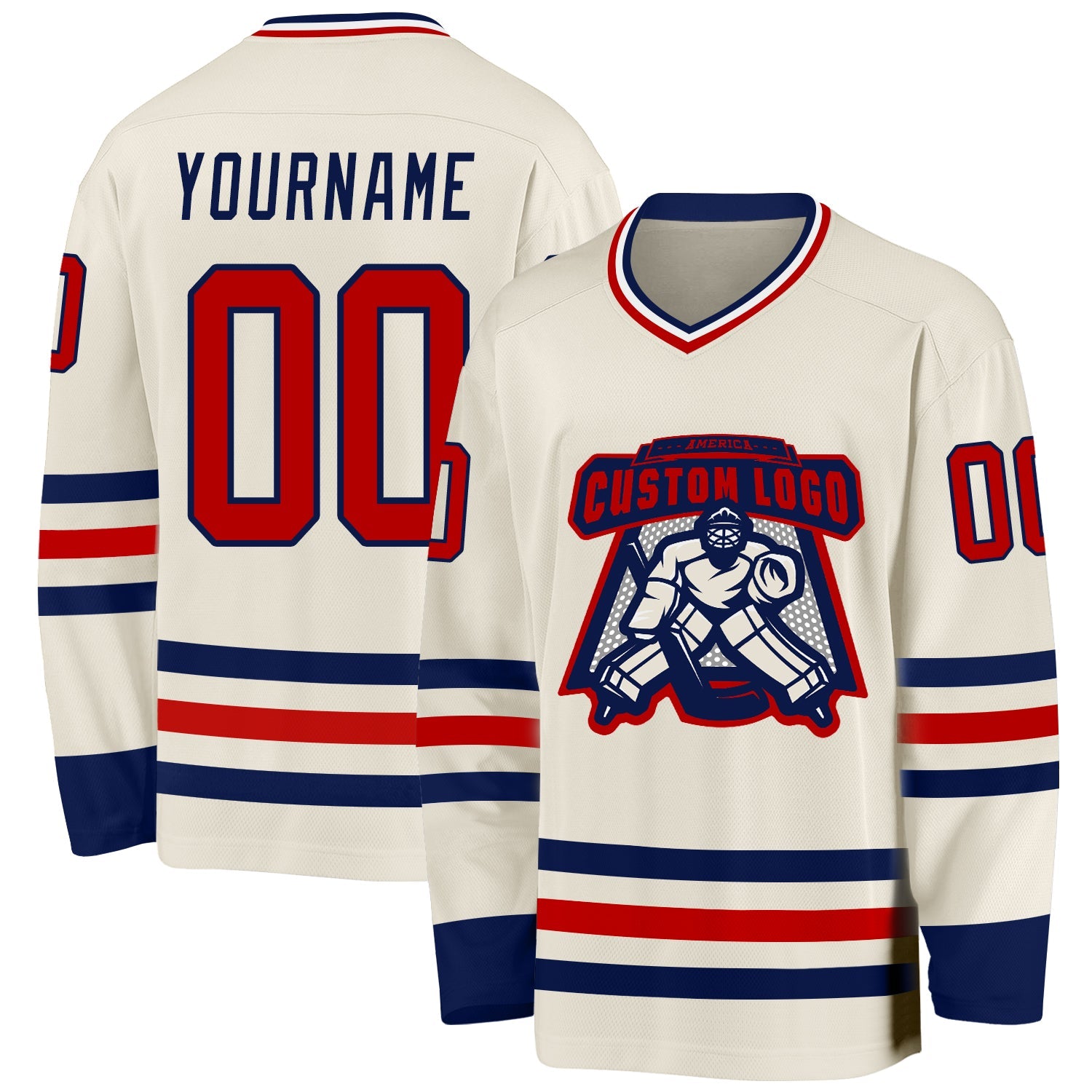 Custom Cream Red Navy-White Hockey Jersey view 2