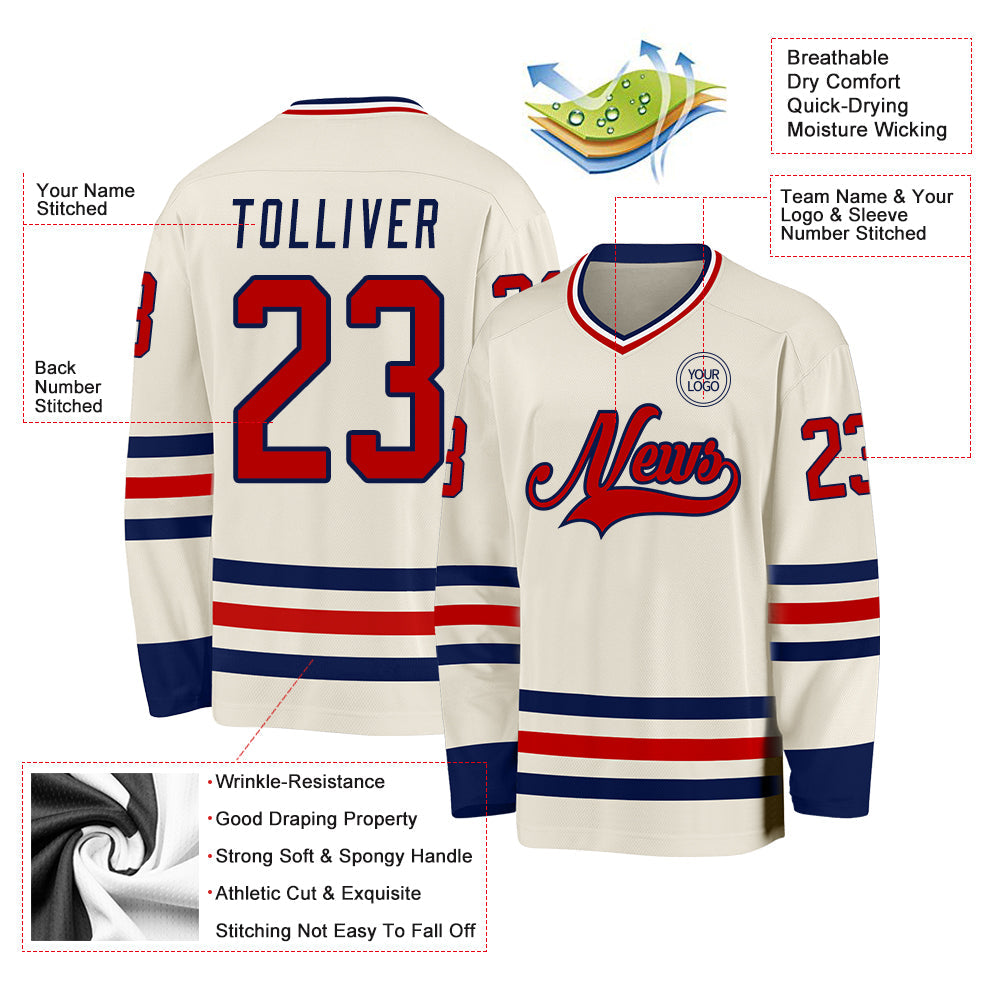Custom Cream Red Navy-White Hockey Jersey view 3