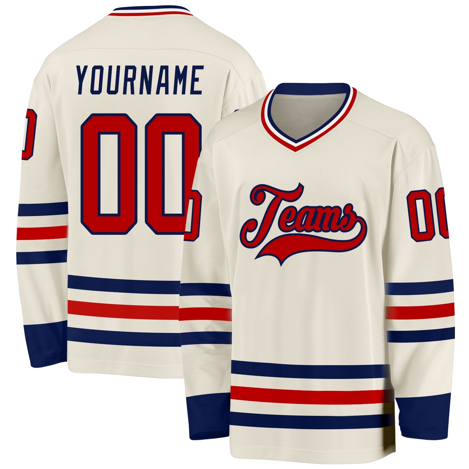 Custom Cream Red Navy-White Hockey Jersey - Main View