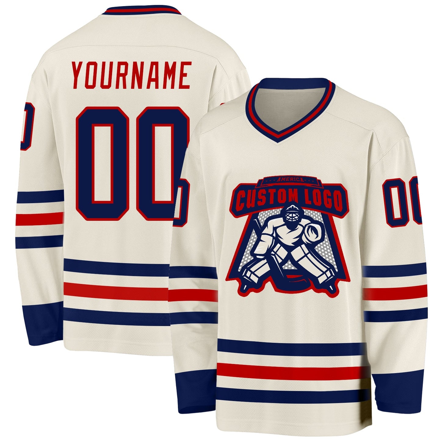 Custom Cream Navy-Red Hockey Jersey view 2