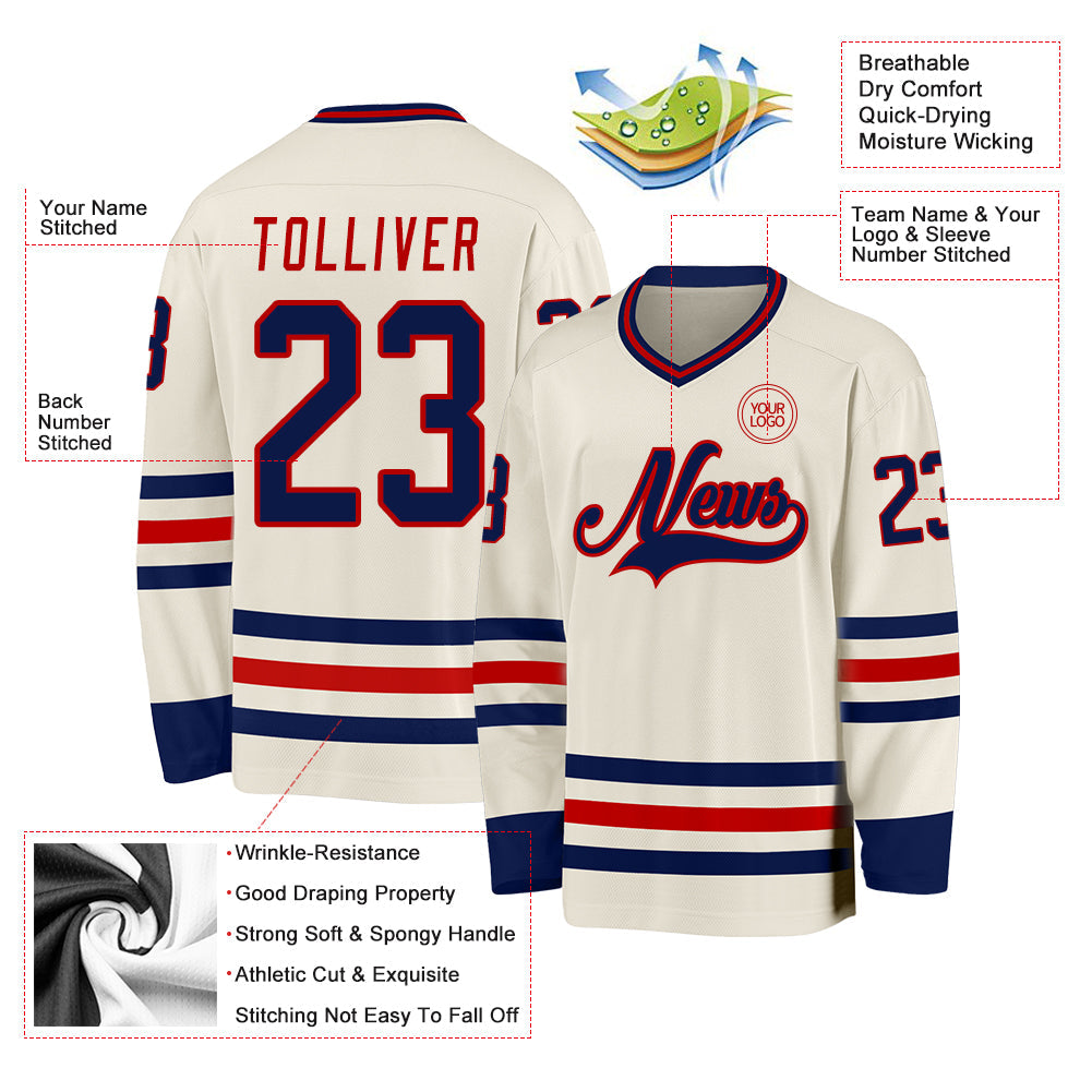 Custom Cream Navy-Red Hockey Jersey view 3