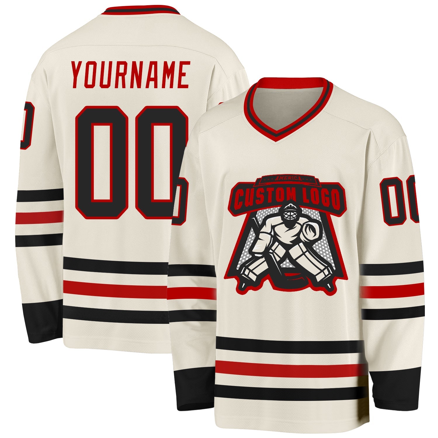Custom Cream Black-Red Hockey Jersey view 2