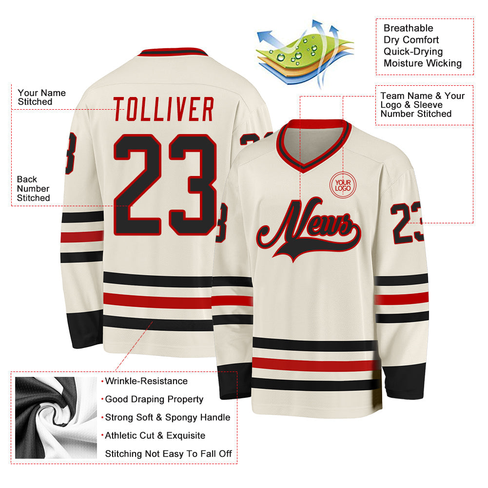 Custom Cream Black-Red Hockey Jersey view 3