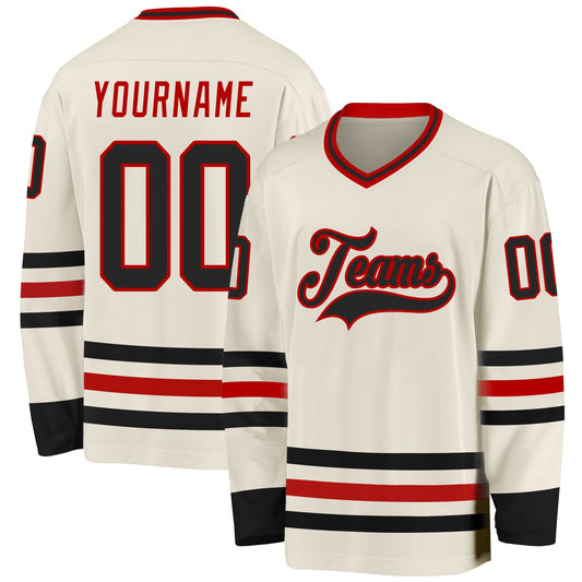 Custom Cream Black-Red Hockey Jersey - Main View