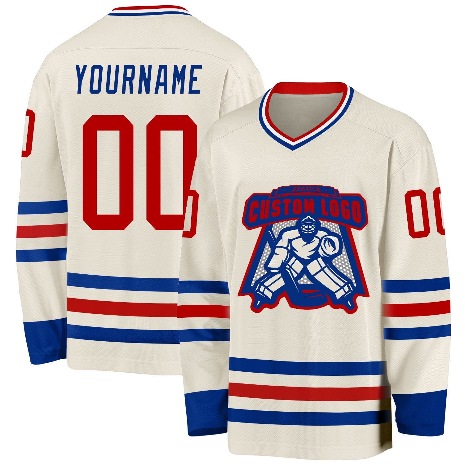 Custom Cream Red Royal-White Hockey Jersey view 2