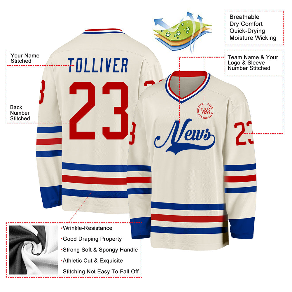 Custom Cream Red Royal-White Hockey Jersey view 3