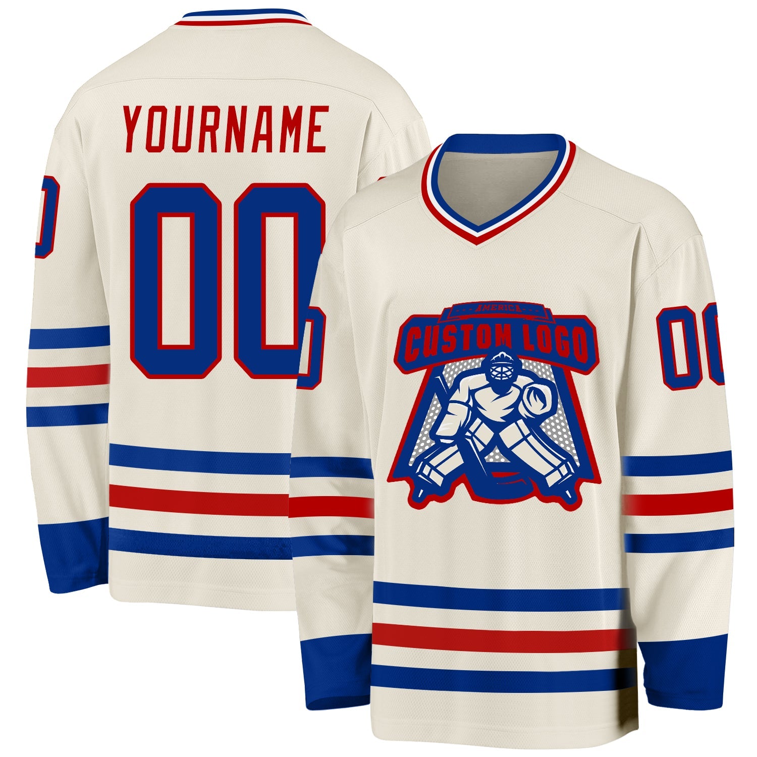 Custom Cream Royal Red-White Hockey Jersey view 2
