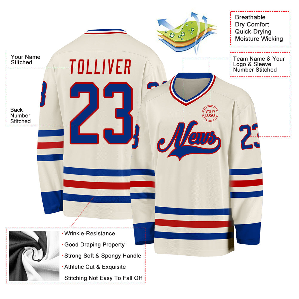 Custom Cream Royal Red-White Hockey Jersey view 3