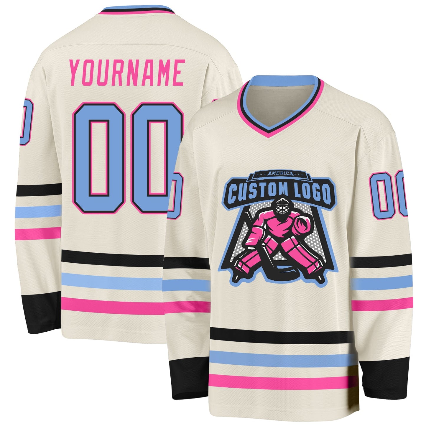 Custom Cream Light Blue Black-Pink Hockey Jersey view 2
