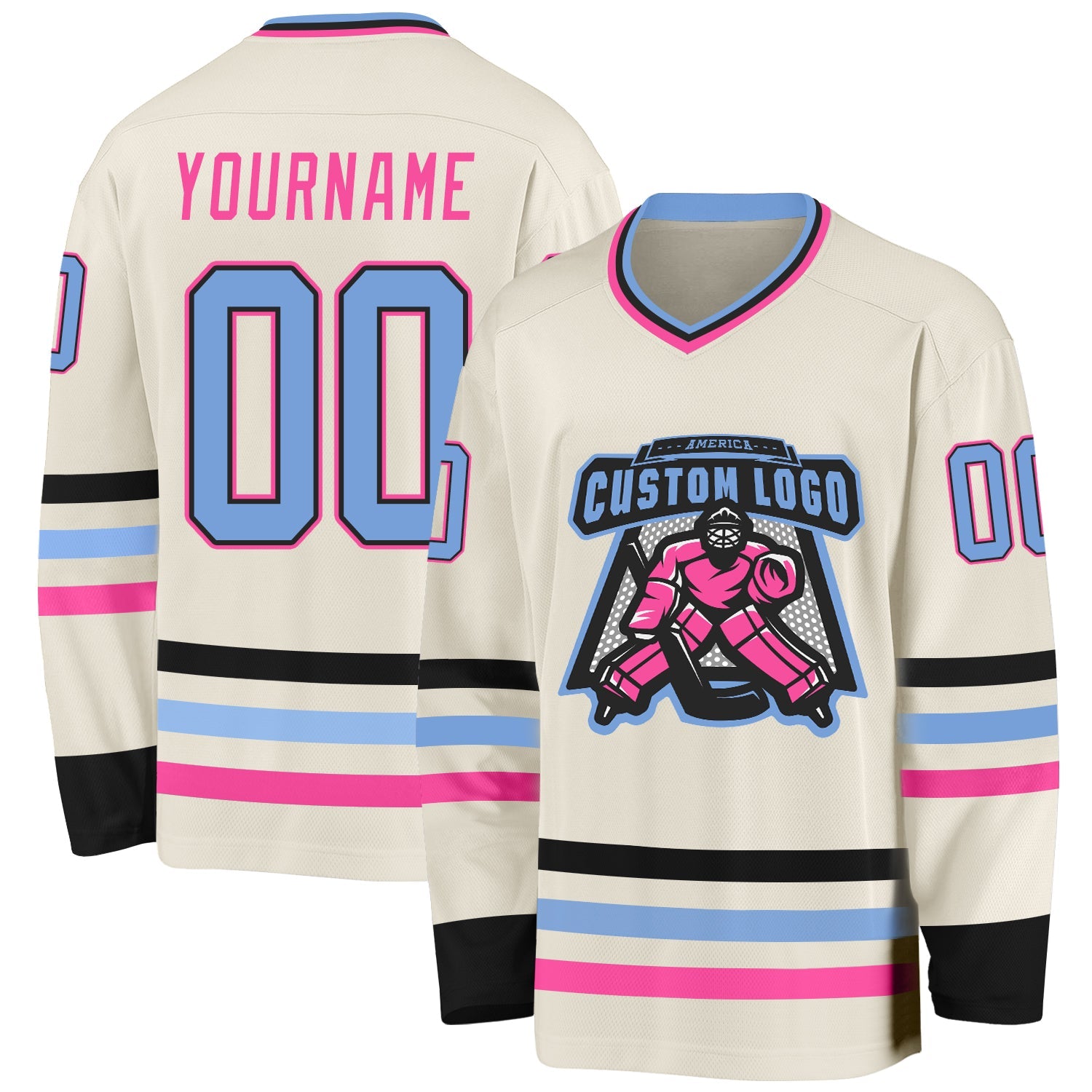 Custom Cream Light Blue Black-Pink Hockey Jersey view 2