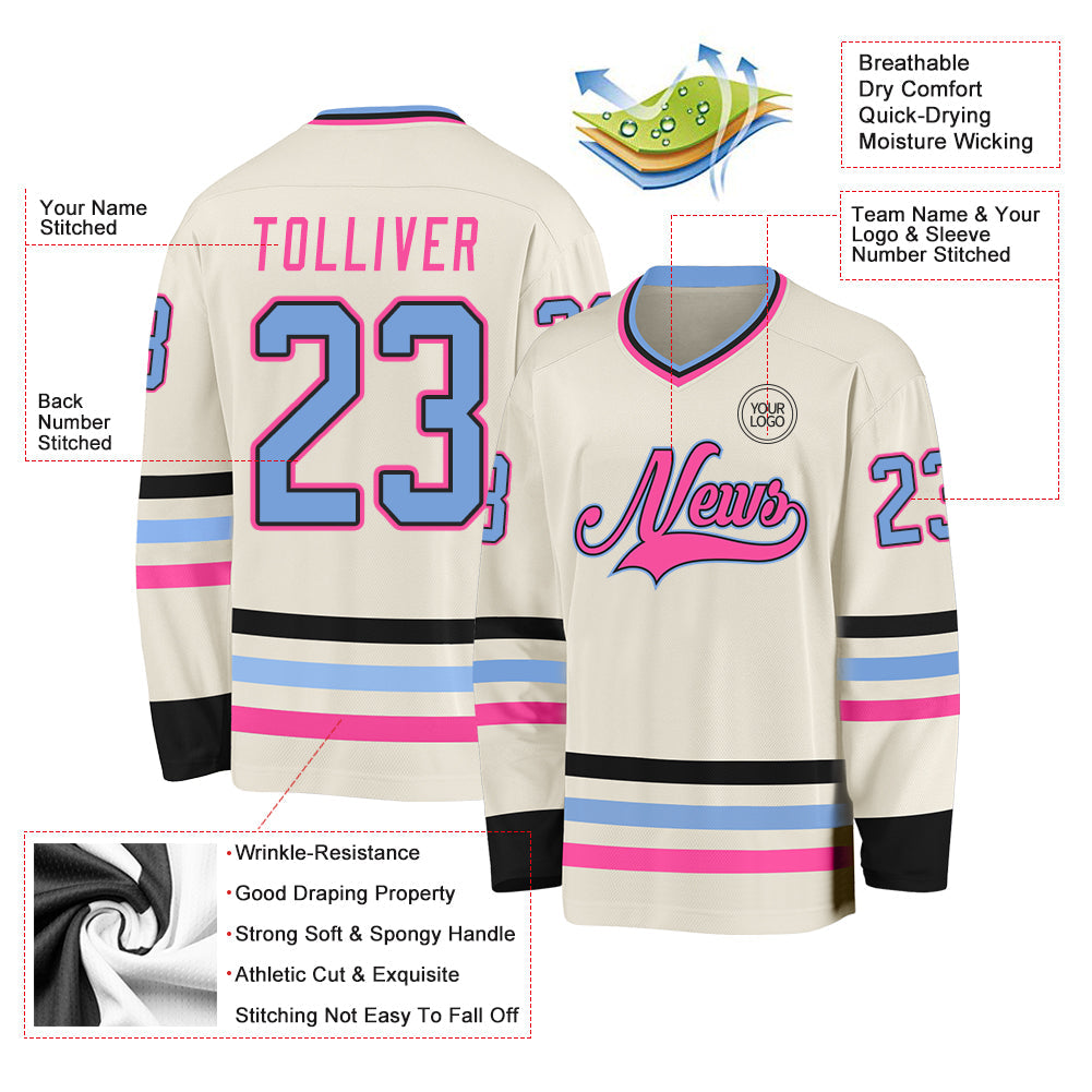 Custom Cream Light Blue Black-Pink Hockey Jersey view 3