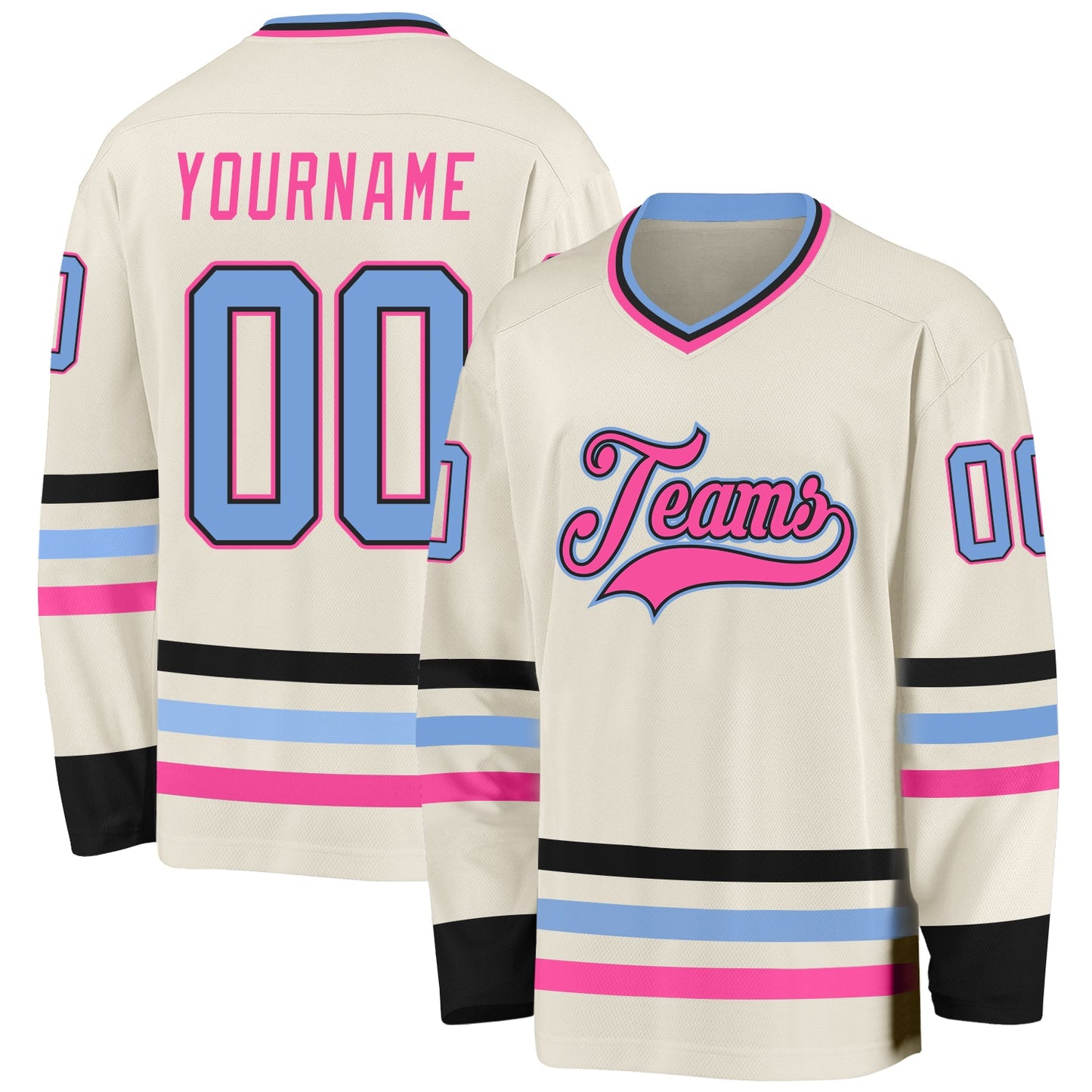 Custom Cream Light Blue Black-Pink Hockey Jersey - Main View