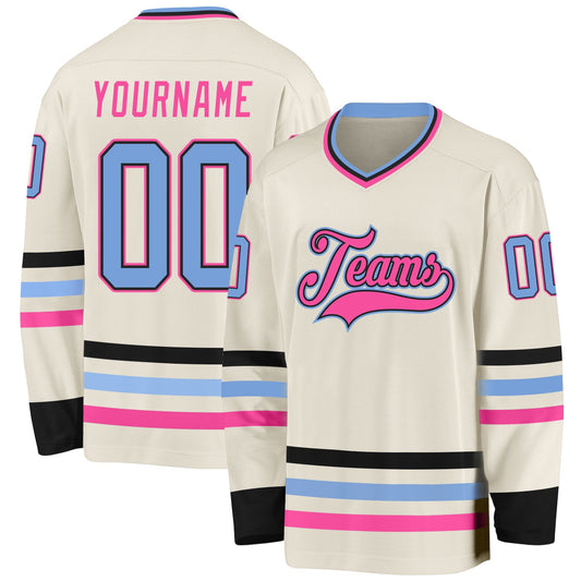 Custom Cream Light Blue Black-Pink Hockey Jersey - Main View