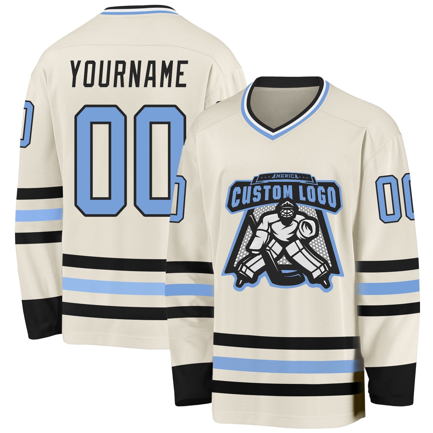 Custom Cream Light Blue Black-White Hockey Jersey view 2