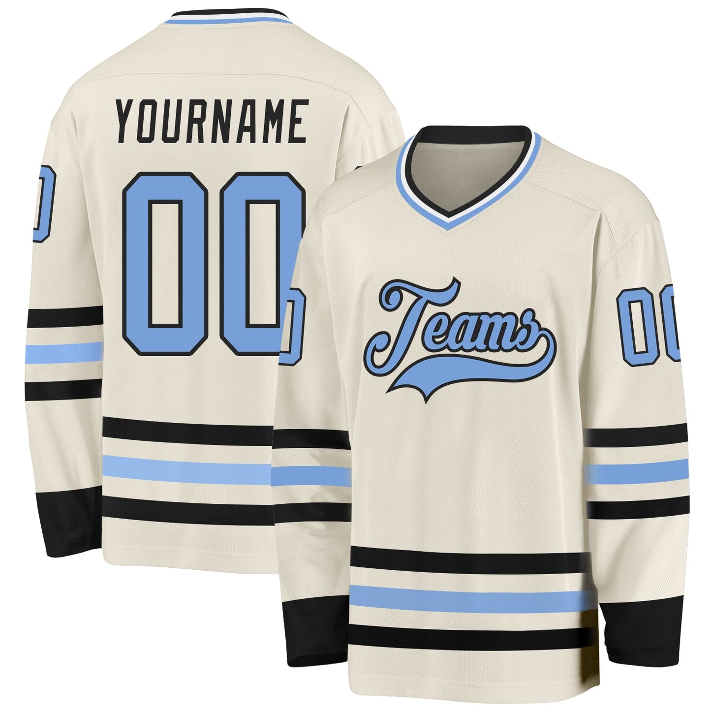 Custom Cream Light Blue Black-White Hockey Jersey - Main View