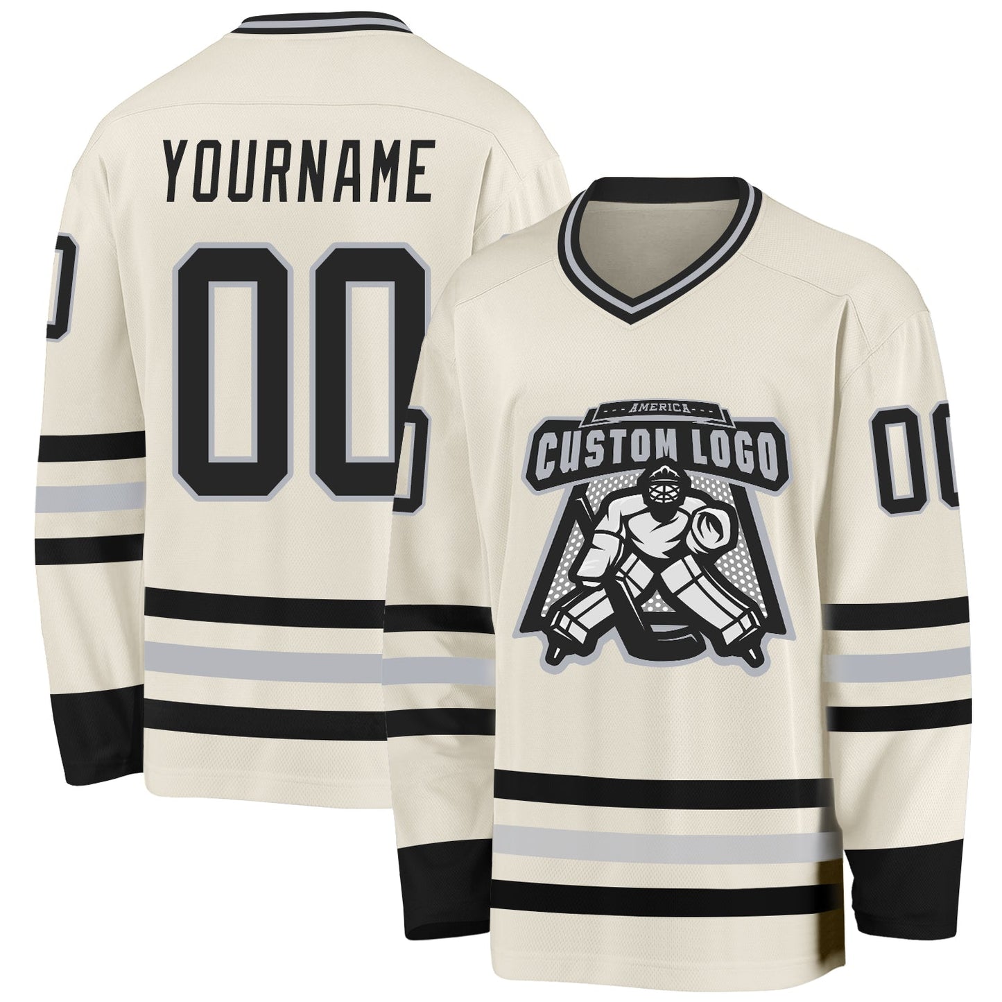 Custom Cream Black-Gray Hockey Jersey view 2