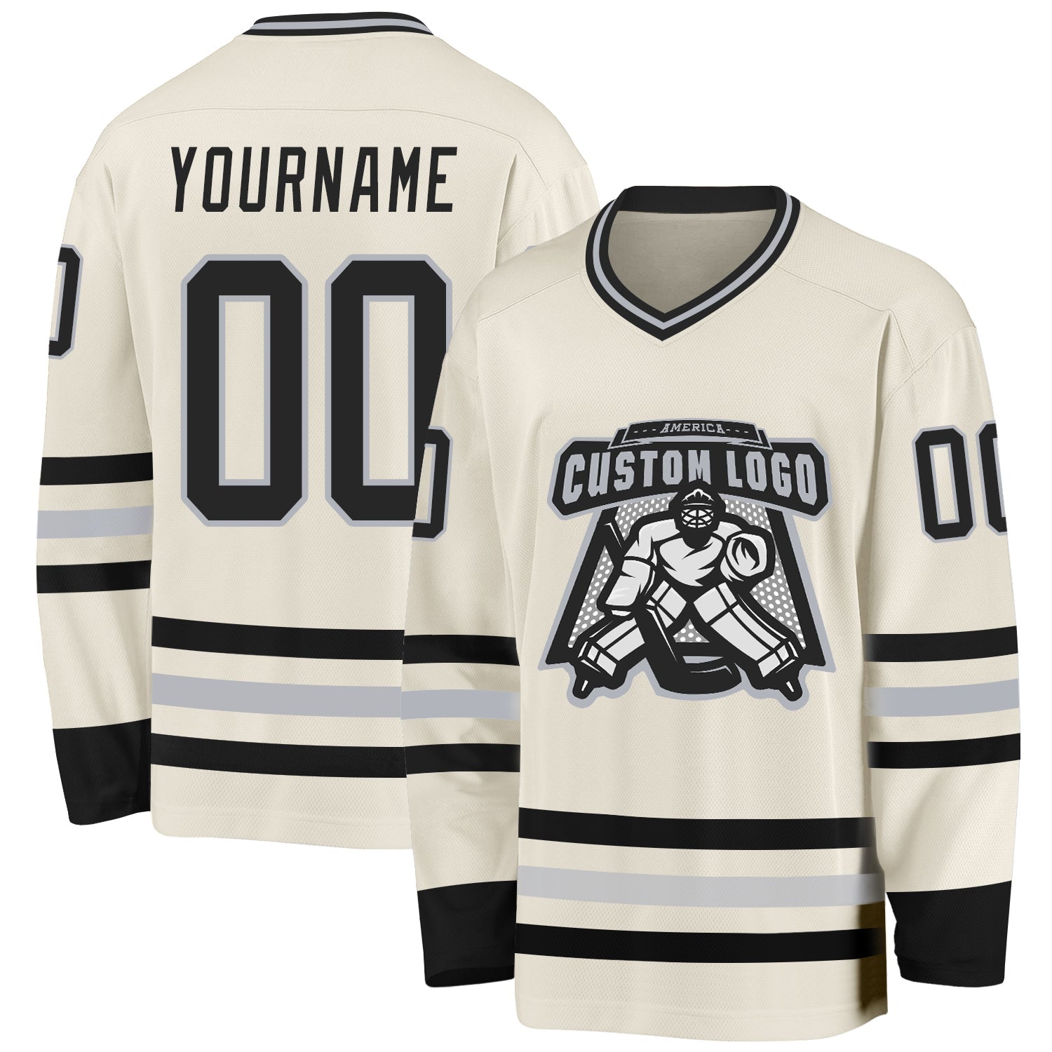 Custom Cream Black-Gray Hockey Jersey view 2