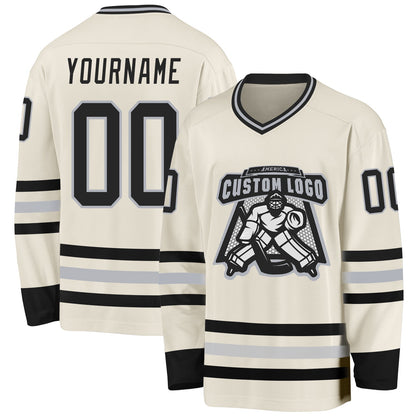 Custom Cream Black-Gray Hockey Jersey view 2