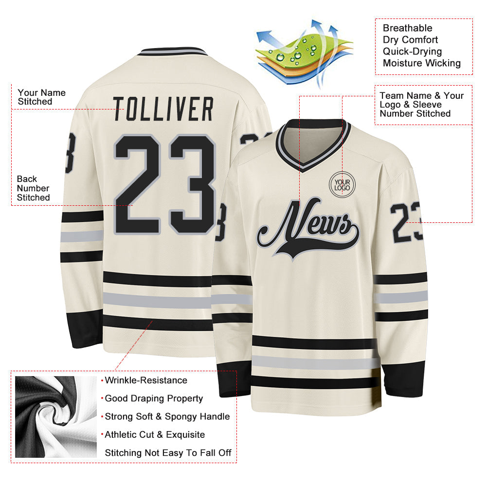 Custom Cream Black-Gray Hockey Jersey view 3