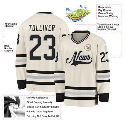 Custom Cream Black-Gray Hockey Jersey view 3