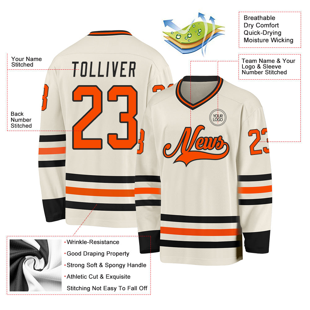 Custom Cream Orange-Black Hockey Jersey view 3
