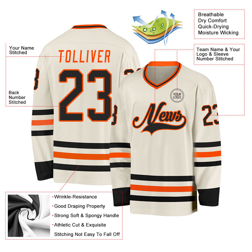 Custom Cream Black-Orange Hockey Jersey view 3