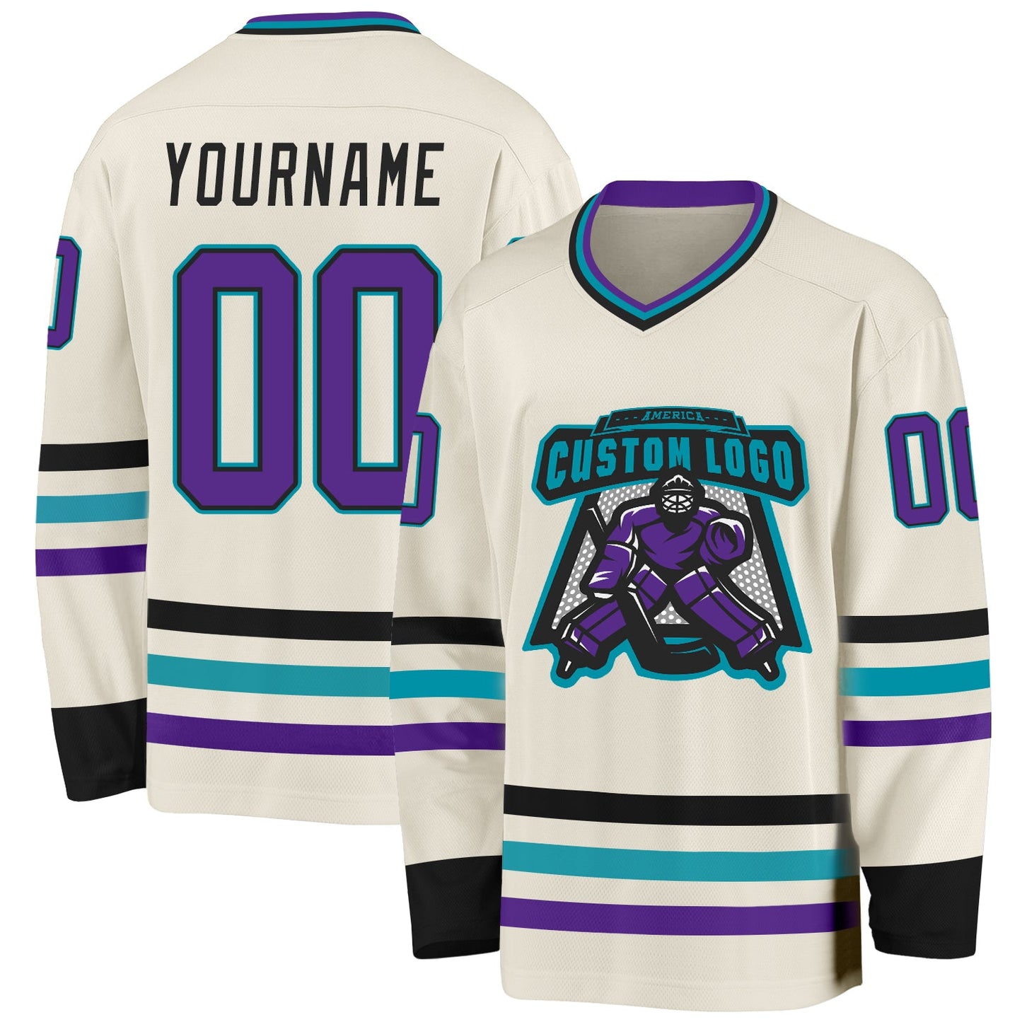 Custom Cream Purple Black-Teal Hockey Jersey view 2