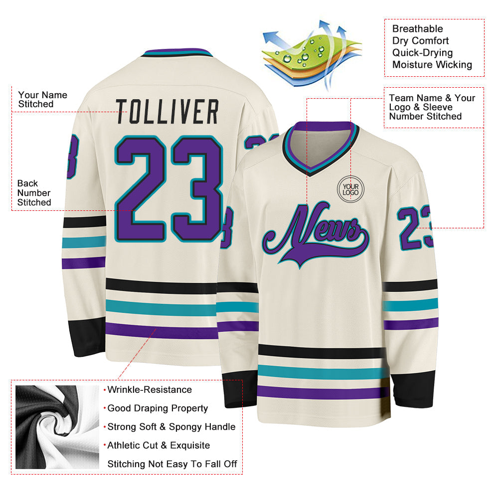 Custom Cream Purple Black-Teal Hockey Jersey view 3