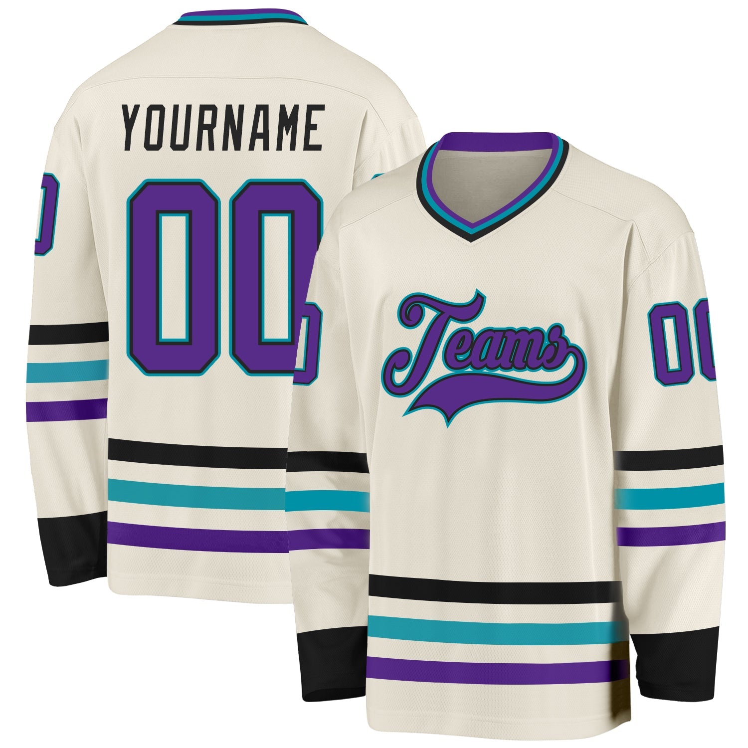 Custom Cream Purple Black-Teal Hockey Jersey - Main View