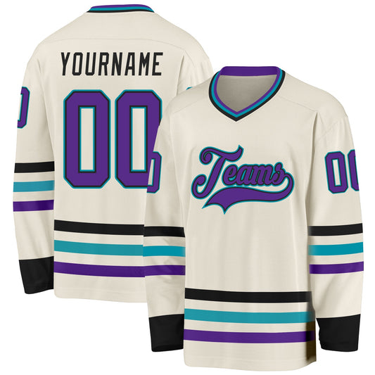 Custom Cream Purple Black-Teal Hockey Jersey - Main View