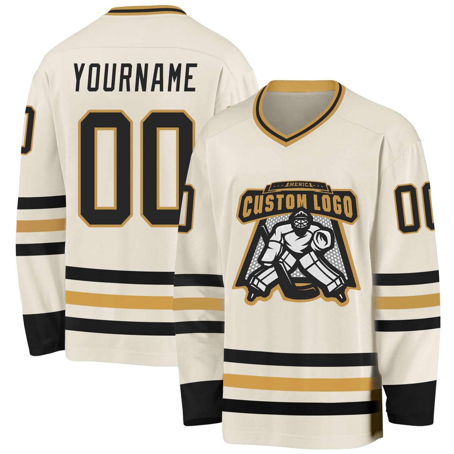 Custom Cream Black-Old Gold Hockey Jersey view 2